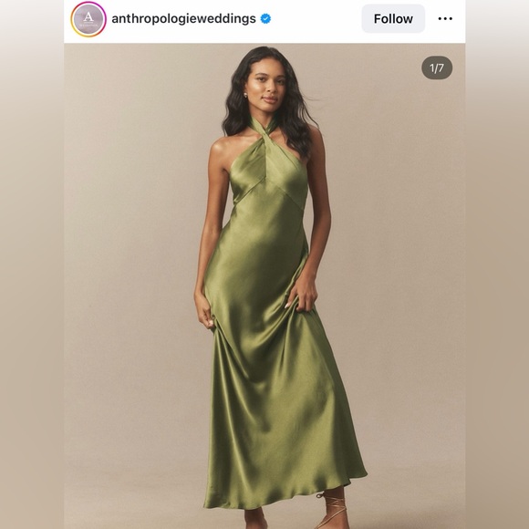 BHLDN Satin halter neck Dress - Olive Green new with tags - Picture 2 of 7